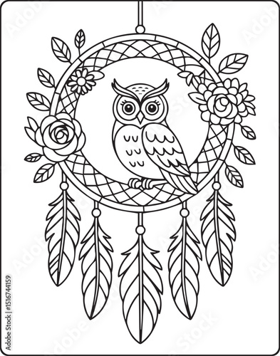 Dream catcher beautiful decoration doodle vector outline illustration coloring page, tattoo and other design for adults and kids