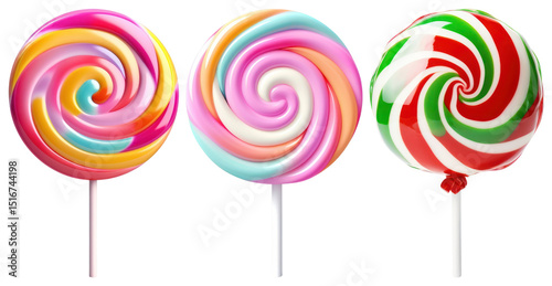 PNG Three colorful swirled lollipops in vibrant patterns element set on transparent background.