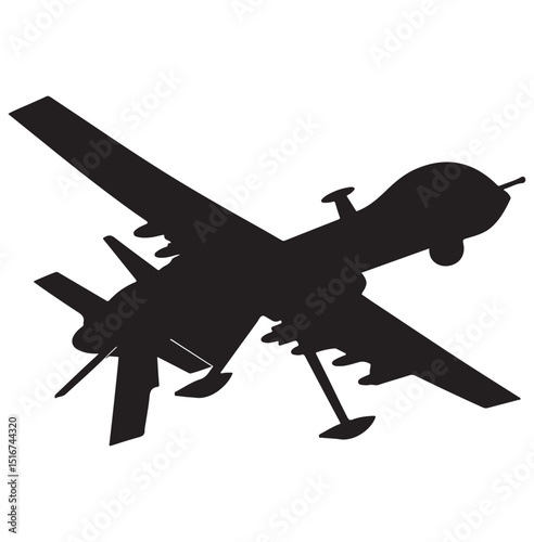 Black silhouette of military drone. Top, front and side view. Army aircraft for intelligence and attack. Industrial isolated drawing, Bayraktar TB2, MQ-9, TAI Aksungur, Falco.