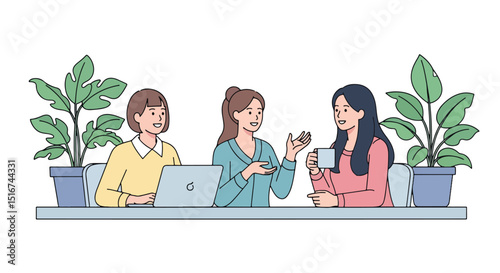 Adobe Illustrator Artwork flat vector illustration of three diverse women collaborating at a table with a laptop and coffee. Emphasizes teamwork, communication, and a relaxed work environment