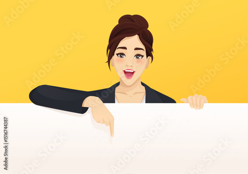 Portrait of happy business young woman wearing black suit pointing with finger down to empty space billboard. Vector illustration on yellow background