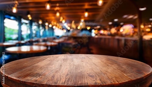 wooden round table and pub or bar blur background