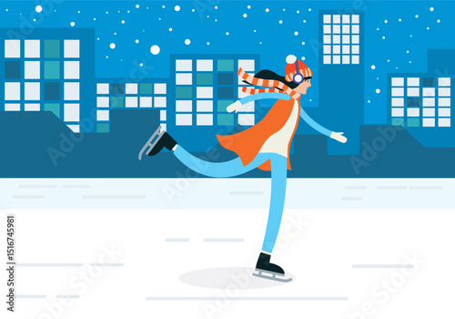 Happy people ice skating winter sport activity vector illustration
