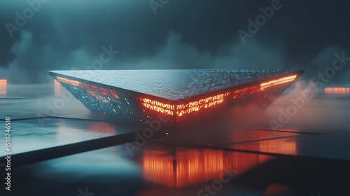 Futuristic triangular platform bathed in neon light
