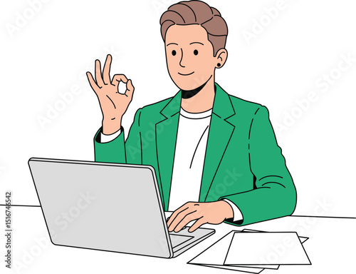 Business professional working on laptop giving okay sign representing successful business solutions