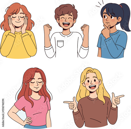 Illustrated collection of diverse people expressing emotions and feelings with different facial expressions