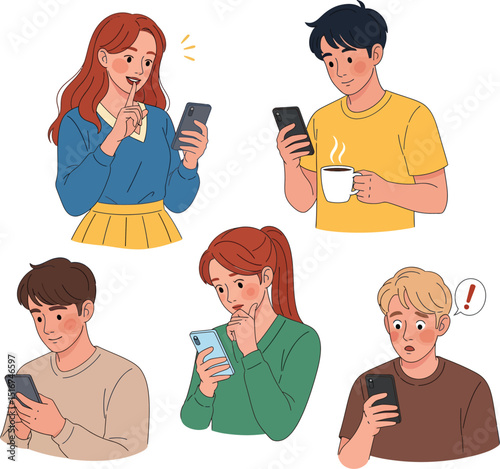 Diverse group of people interacting with smartphones in various emotions and activities