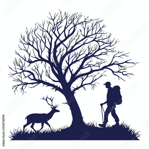 A vector silhouette illustration shows a loving couple and child walking by a tree in a spring park, symbolizing family happiness in nature
