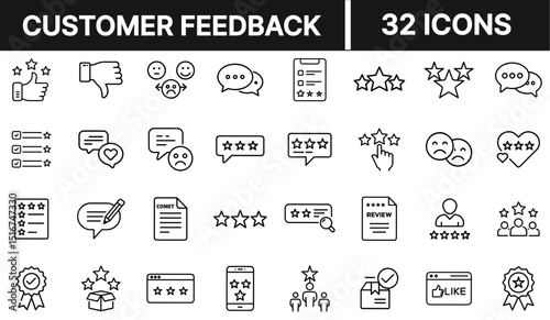Customer Feedback Icon Set Representing Reviews, Ratings, User Experience, and Client Satisfaction Concepts