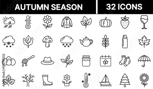 Autumn Season Icon Set Representing Fall Leaves, Harvest, Weather, and Seasonal Nature Elements