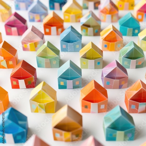 Colorful origami houses arranged in a playful display showcasing creative craftsmanship at a local art fair during the afternoon photo