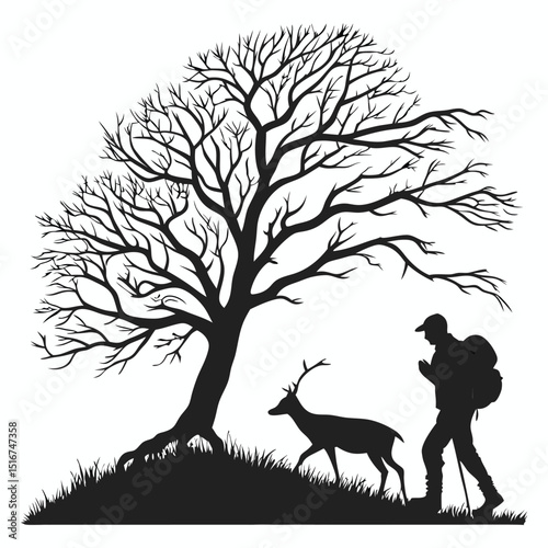 Silhouette of a tree vector with birds and a deer in a wild nature landscape art at sunset