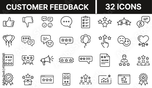 Customer Feedback Icon Set Representing Reviews, Ratings, User Experience, and Client Satisfaction Concepts