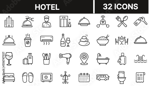 Hotel Icon Set Representing Accommodation, Hospitality, Travel Stay, and Lodging Services