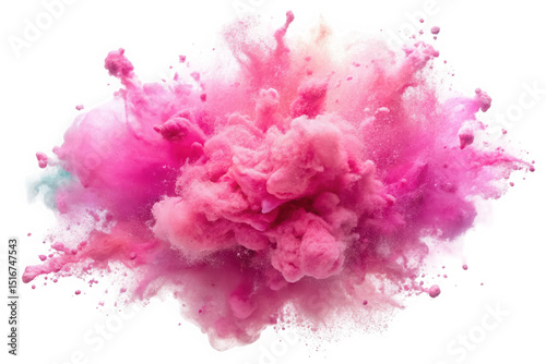 A vibrant explosion of pink powder creates an artistic cloud against a dark background, highlighting dynamic shapes and textures for a lively visual impact.