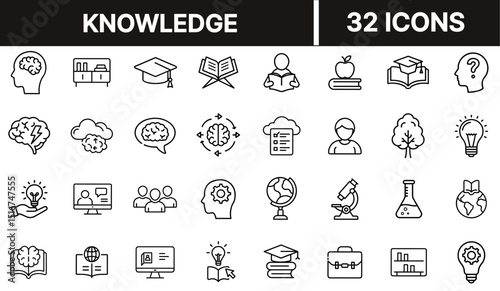 Knowledge Icon Set Representing Learning, Education, Intelligence, and Information Concepts