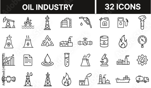Oil Industry Icon Set Representing Petroleum Extraction, Fuel Production, Refinery, and Energy Resources