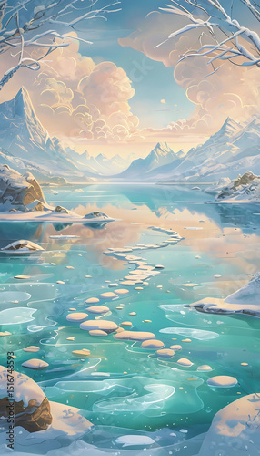 Paesaggio invernale tranquillo con ghiaccio, iceberg, fiume che scorre e rami ghiacciati, Peaceful winter landscape with ice, iceberg, flowing river and icy branches