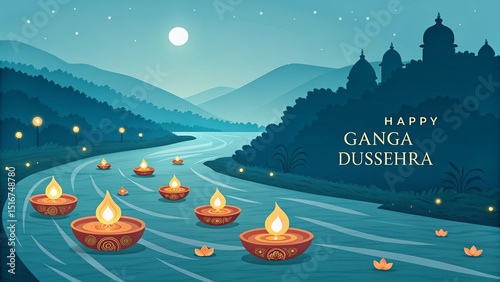 Blue mountain background adds calmness to the festive river scene.