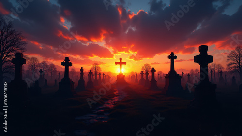 Sunset over a churchyard with headstones, symbolizing Christian faith and reflection on life's end.