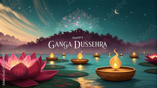 Ganga Dussehra, Radiant diyas float harmoniously on river representing spiritual connection.