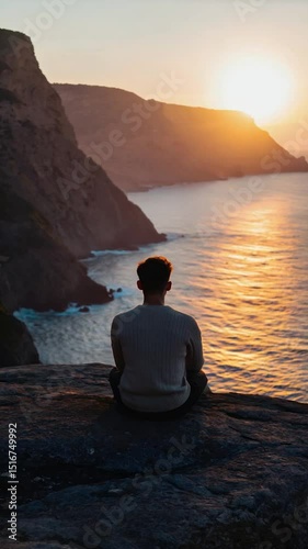 Person sits on a cliff overlooking the ocean at sunset