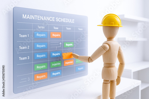 Wooden mannequin wearing yellow safety helmet points to maintenance schedule transparent board, illustrating organized industry planning