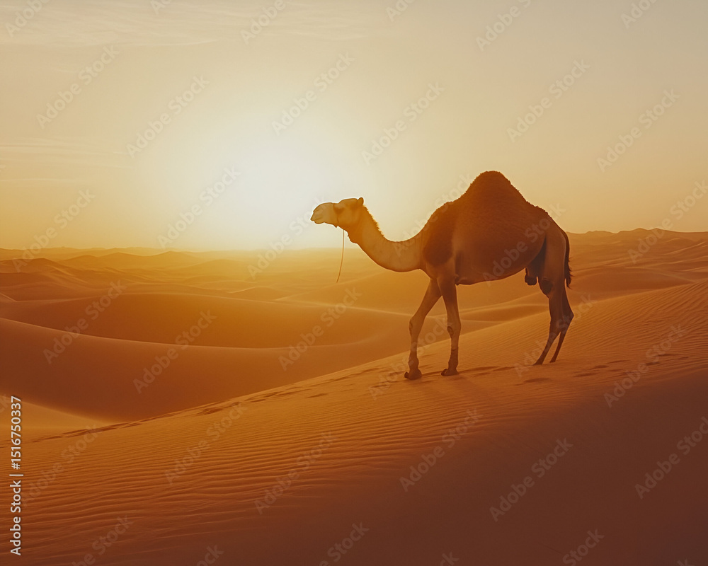 A camel walking slowly through the vast dunes of the desert, its form silhouetted against the bright orange of the setting sun. The dry, endless landscape highlights the camels enduring A camel walking slowly through the vast dunes of the desert, its form silhouetted against the bright orange of the setting sun. The dry, endless landscape highlights the camels enduring