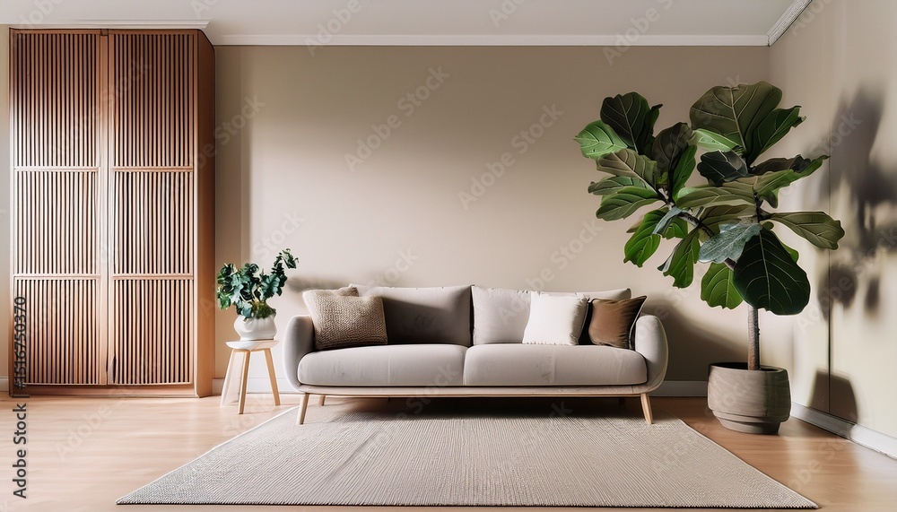 Obraz premium a living room with beige walls a grey sofa and wooden cabinets on the wall a large fiddle leaf fig tree in a white pot is placed near the window