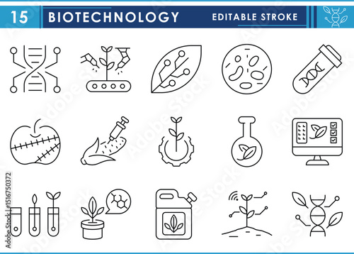 A set of line icons related to Biotechnology. Bio, tech, research, plant, genetics, microbiology, processing, and so on. Vector editable stroke.