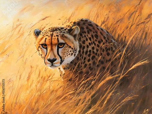 A cheetah crouched low in the tall grass, its body poised for a sprint. The warm golden light of dawn bathes the savannah, emphasizing the cheetahs focus and agility.