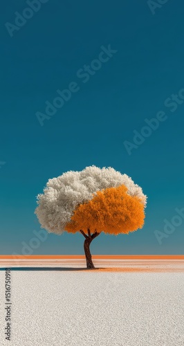 A white tree stands in the middle of a desert, against a blue sky, in a minimalist style. This image would make an excellent mobile wallpaper