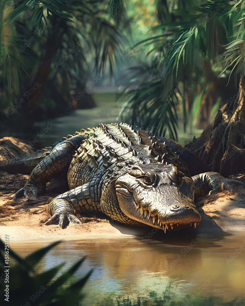 Fototapeta premium A crocodile sunbathing on a riverbank, its eyes half-closed as it basks in the midday sun. The surrounding lush vegetation and the calm river contrast with the predators menacing form.