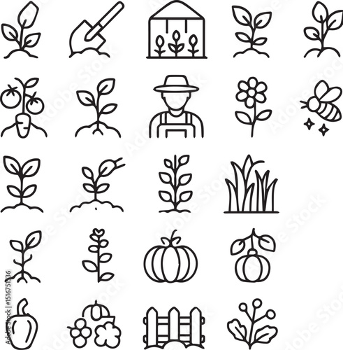 Gardening, Agriculture line icon set. Vector pictograms of grow your own food, watering can, greenhouse, seedling, sprout, farmer, pollination, fertilizer thin linear illustration.