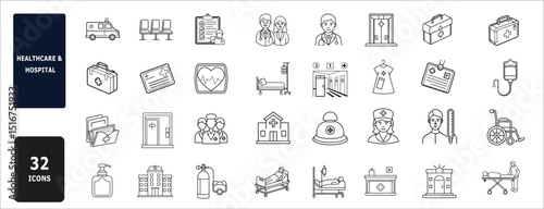 Healthcare & Hospital Line Icon Set – 32 Medical Outline Symbols for Clinics, Emergency, Doctors, Nurses & Equipment