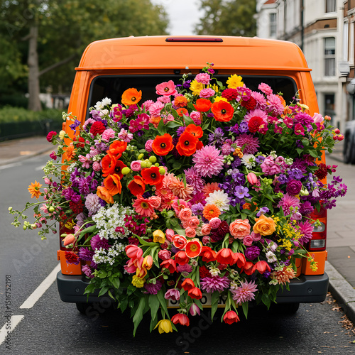 Vibrant Flower Display on Vintage Van: Urban Floral Scene