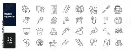 32 Medical Line Icons – Vector Bundle of Hospital Devices, Health Equipment & Doctor Tools for Healthcare Use