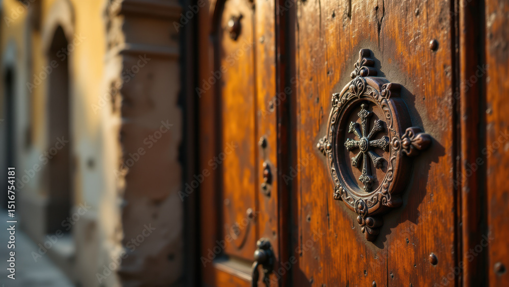 Fototapeta premium A wooden door with a Christian cross, set into an old stone building wall.