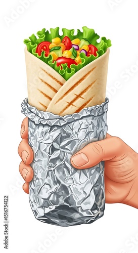 Delicious veggie burrito wrapped in foil held in hand
