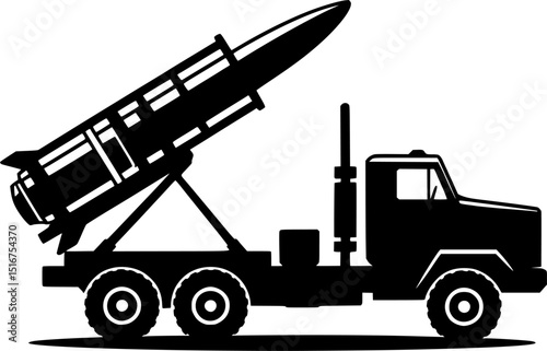 a bold black silhouette of a ballistic missile launcher truck in the side profile