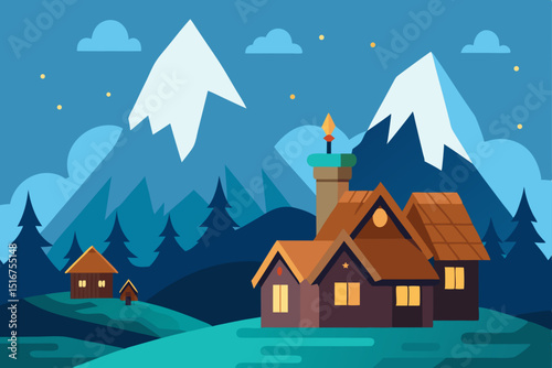 Christmas winter landscape with snow-covered houses, trees, and a starry night sky, ideal for a holiday card illustration