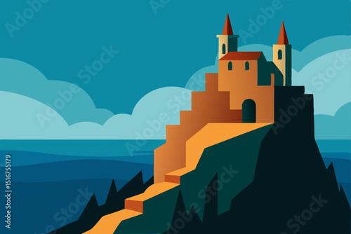 Medieval European castle on a hill at sunset, a dramatic silhouette against a fantasy sky with clouds, ideal for vector art illustration of historical architecture