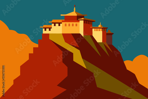 Stone medieval European castle silhouette on a mountain landscape with sunset sky and ancient architecture