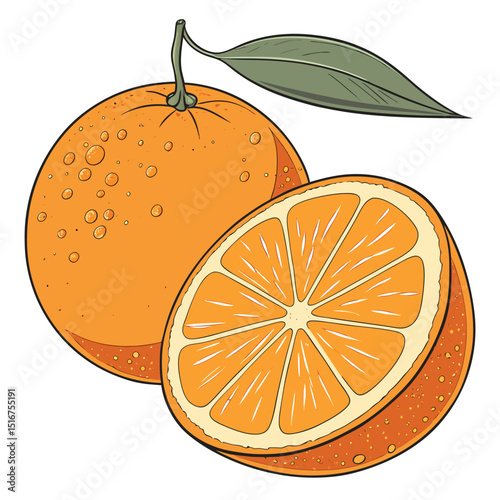 A colorful illustration of two oranges on a white background. One orange is whole with a stem and a green leaf, and appears to have small circular textures on its skin.