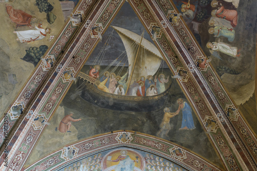 Fresco by Andrea di Bonaiuto in the Spanish Chapel, Santa Maria Novella, Florence, Italy. Christ saves Peter from drowning amid apostles in a boat.