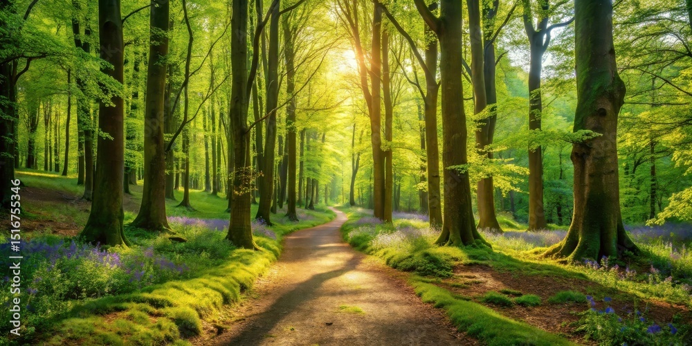 Obraz premium Serene Path Through a Sunlit Spring Woodland with Vibrant Wildflowers