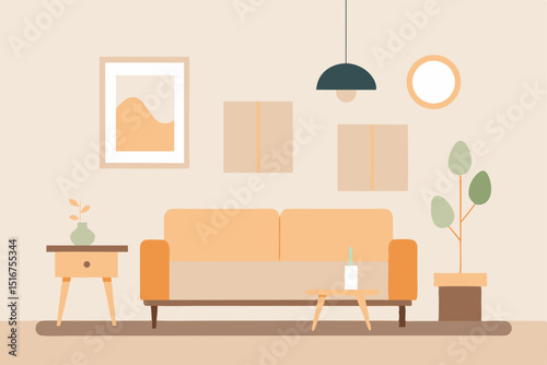 Modern living room interior with comfortable sofa, elegant furniture, and contemporary decor