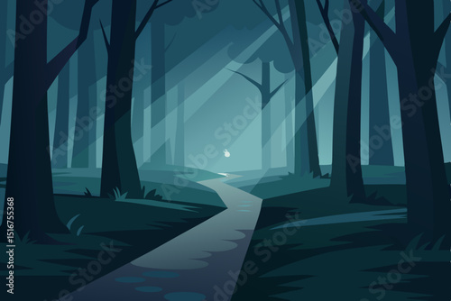 Misty night forest path with moonlit trees and a dark, mystical sky