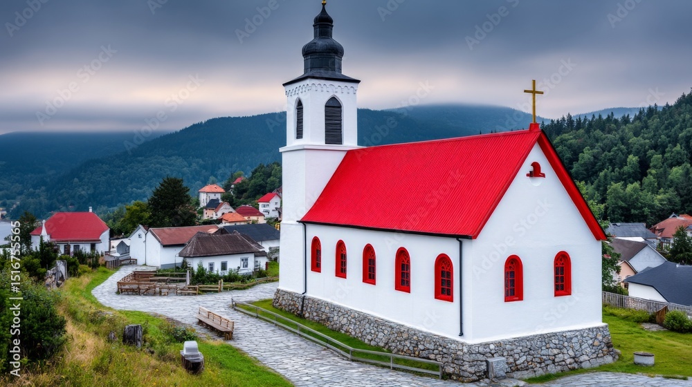 Naklejka premium Scenic view of a white church with a red roof in a rural village surrounded by mountains