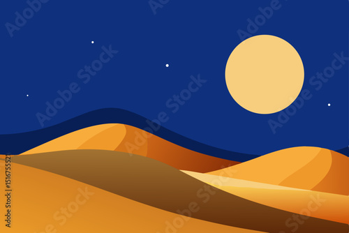 Desert landscape with sand dunes under an orange sunset sky, a summer nature travel illustration